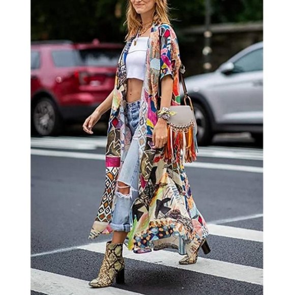 Chiffon Beach Kimono Long Bikini Cover Up Blouses Top - Picture 3 of 5